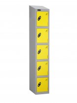 Single Metal Storage Locker | 5 Doors | 1780 x 305 x 380mm | Silver Carcass | Lemon Door | Cam Lock | Sloping Top | Probe