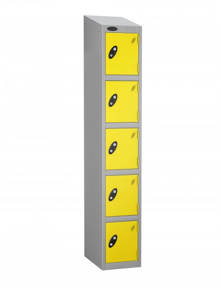 Single Metal Storage Locker | 5 Doors | 1780 x 305 x 380mm | Silver Carcass | Lemon Door | Cam Lock | Sloping Top | Probe