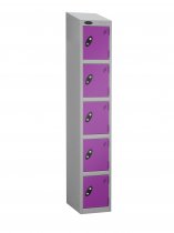 Single Metal Storage Locker | 5 Doors | 1780 x 305 x 380mm | Silver Carcass | Lilac Door | Cam Lock | Sloping Top | Probe