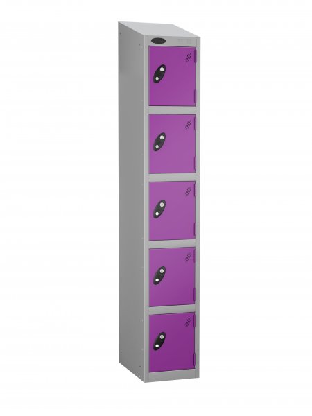 Single Metal Storage Locker | 5 Doors | 1780 x 305 x 380mm | Silver Carcass | Lilac Door | Cam Lock | Sloping Top | Probe