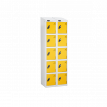 Nest of 2 Metal Storage Lockers | 5 Doors | 1780 x 305 x 380mm | White Carcass | Yellow Door | Cam Lock | Sloping Top | Probe