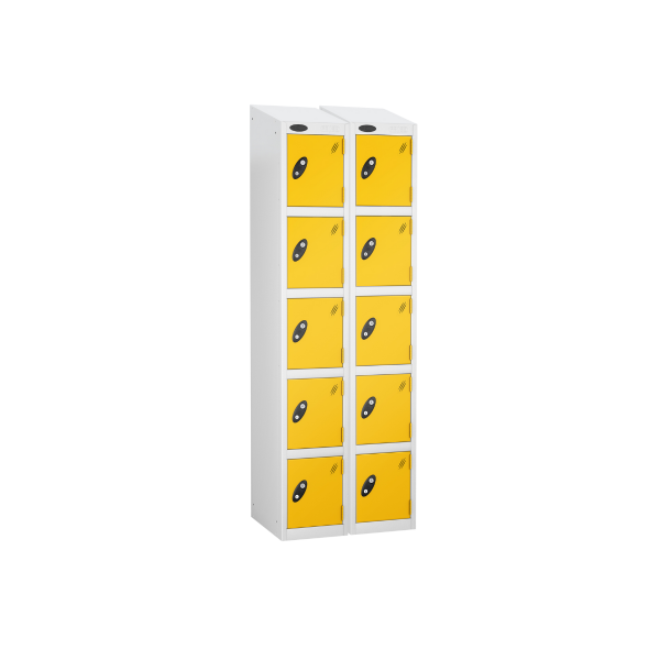 Nest of 2 Metal Storage Lockers | 5 Doors | 1780 x 305 x 380mm | White Carcass | Yellow Door | Cam Lock | Sloping Top | Probe