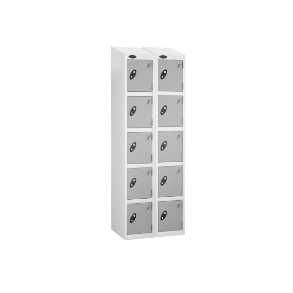 Nest of 2 Metal Storage Lockers | 5 Doors | 1780 x 305 x 380mm | White Carcass | Silver Door | Cam Lock | Sloping Top | Probe