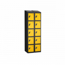 Nest of 2 Metal Storage Lockers | 5 Doors | 1780 x 305 x 380mm | Black Carcass | Yellow Door | Cam Lock | Sloping Top | Probe