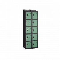 Nest of 2 Metal Storage Lockers | 5 Doors | 1780 x 305 x 380mm | Black Carcass | Jade Door | Cam Lock | Sloping Top | Probe