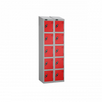 Nest of 2 Metal Storage Lockers | 5 Doors | 1780 x 305 x 380mm | Silver Carcass | Red Door | Cam Lock | Sloping Top | Probe