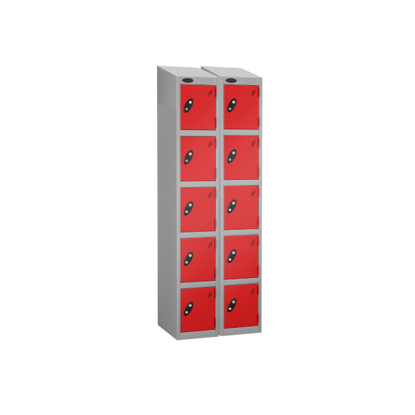 Nest of 2 Metal Storage Lockers | 5 Doors | 1780 x 305 x 380mm | Silver Carcass | Red Door | Cam Lock | Sloping Top | Probe