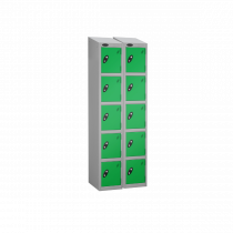 Nest of 2 Metal Storage Lockers | 5 Doors | 1780 x 305 x 380mm | Silver Carcass | Green Door | Cam Lock | Sloping Top | Probe