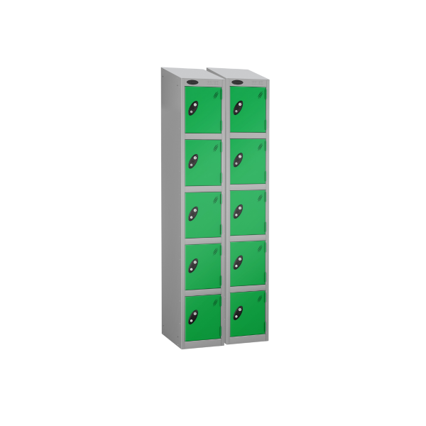 Nest of 2 Metal Storage Lockers | 5 Doors | 1780 x 305 x 380mm | Silver Carcass | Green Door | Cam Lock | Sloping Top | Probe