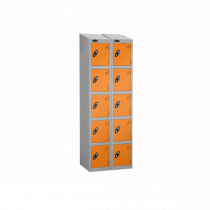 Nest of 2 Metal Storage Lockers | 5 Doors | 1780 x 305 x 380mm | Silver Carcass | Orange Door | Cam Lock | Sloping Top | Probe