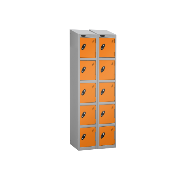 Nest of 2 Metal Storage Lockers | 5 Doors | 1780 x 305 x 380mm | Silver Carcass | Orange Door | Cam Lock | Sloping Top | Probe