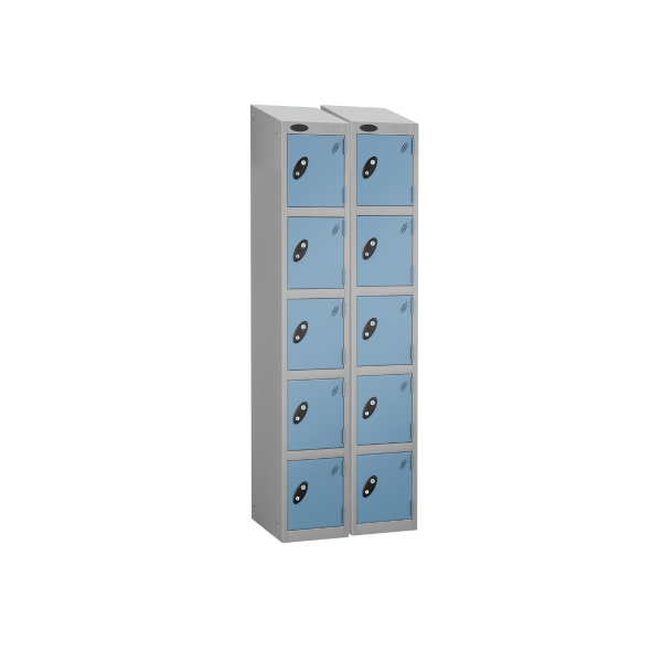 Nest of 2 Metal Storage Lockers | 5 Doors | 1780 x 305 x 380mm | Silver Carcass | Ocean Door | Cam Lock | Sloping Top | Probe