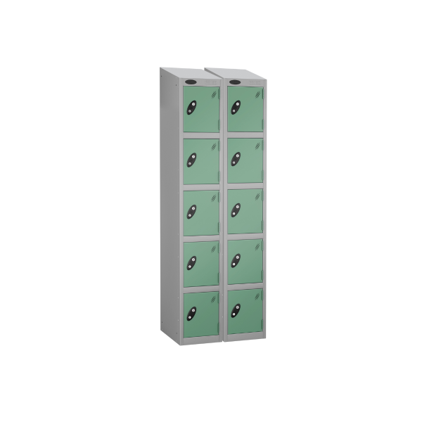 Nest of 2 Metal Storage Lockers | 5 Doors | 1780 x 305 x 380mm | Silver Carcass | Jade Door | Cam Lock | Sloping Top | Probe