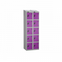 Nest of 2 Metal Storage Lockers | 5 Doors | 1780 x 305 x 380mm | Silver Carcass | Lilac Door | Cam Lock | Sloping Top | Probe