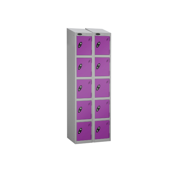 Nest of 2 Metal Storage Lockers | 5 Doors | 1780 x 305 x 380mm | Silver Carcass | Lilac Door | Cam Lock | Sloping Top | Probe