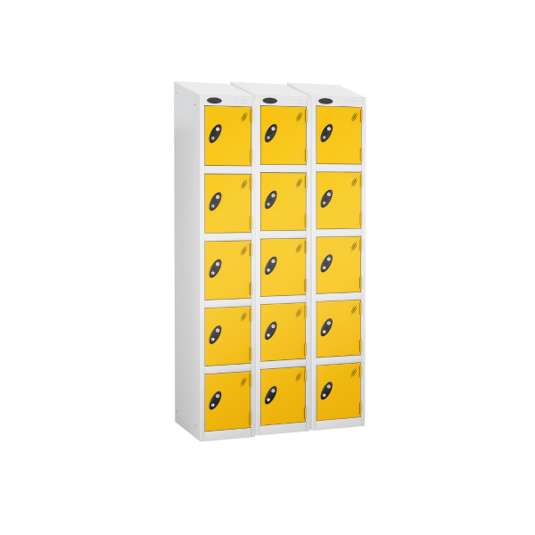 Nest of 3 Metal Storage Lockers | 5 Doors | 1780 x 305 x 380mm | White Carcass | Yellow Door | Cam Lock | Sloping Top | Probe