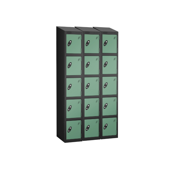 Nest of 3 Metal Storage Lockers | 5 Doors | 1780 x 305 x 380mm | Black Carcass | Jade Door | Cam Lock | Sloping Top | Probe