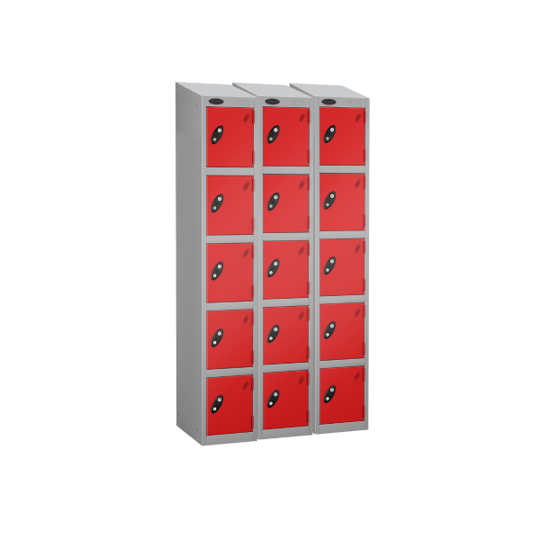 Nest of 3 Metal Storage Lockers | 5 Doors | 1780 x 305 x 380mm | Silver Carcass | Red Door | Cam Lock | Sloping Top | Probe