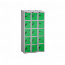 Nest of 3 Metal Storage Lockers | 5 Doors | 1780 x 305 x 380mm | Silver Carcass | Green Door | Cam Lock | Sloping Top | Probe