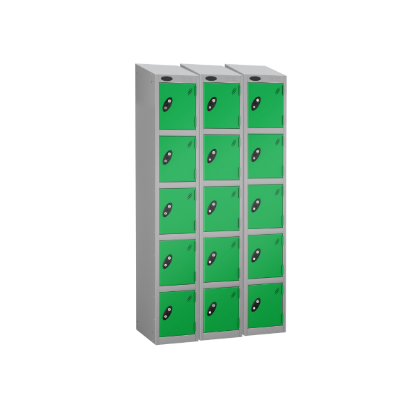 Nest of 3 Metal Storage Lockers | 5 Doors | 1780 x 305 x 380mm | Silver Carcass | Green Door | Cam Lock | Sloping Top | Probe