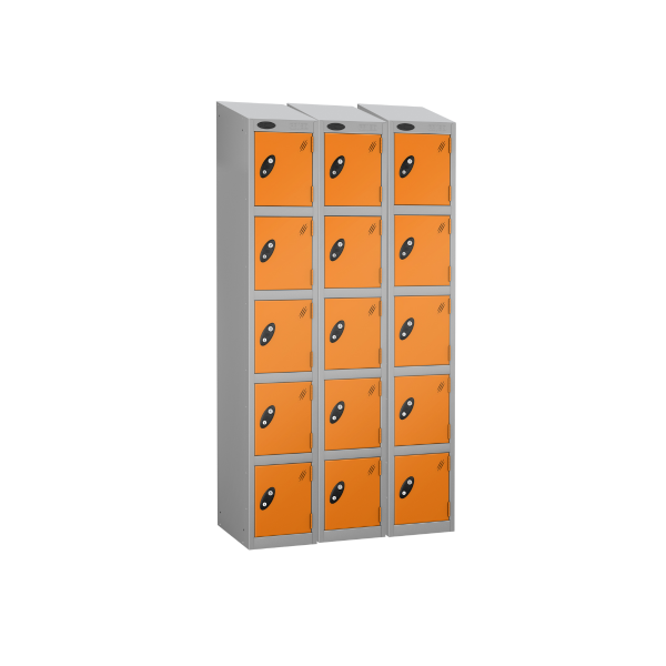 Nest of 3 Metal Storage Lockers | 5 Doors | 1780 x 305 x 380mm | Silver Carcass | Orange Door | Cam Lock | Sloping Top | Probe