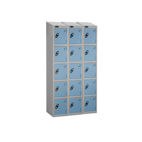 Nest of 3 Metal Storage Lockers | 5 Doors | 1780 x 305 x 380mm | Silver Carcass | Ocean Door | Cam Lock | Sloping Top | Probe