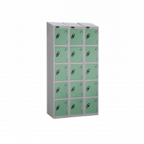 Nest of 3 Metal Storage Lockers | 5 Doors | 1780 x 305 x 380mm | Silver Carcass | Jade Door | Cam Lock | Sloping Top | Probe