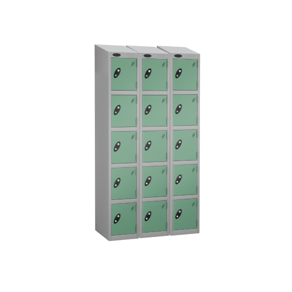 Nest of 3 Metal Storage Lockers | 5 Doors | 1780 x 305 x 380mm | Silver Carcass | Jade Door | Cam Lock | Sloping Top | Probe