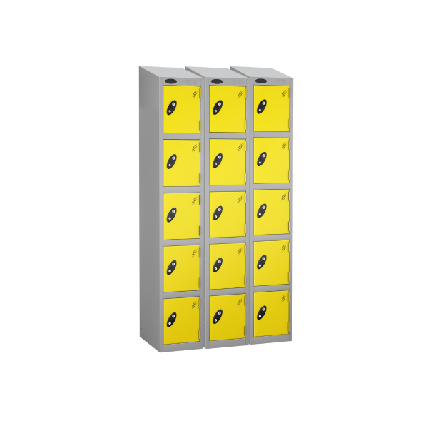 Nest of 3 Metal Storage Lockers | 5 Doors | 1780 x 305 x 380mm | Silver Carcass | Lemon Door | Cam Lock | Sloping Top | Probe