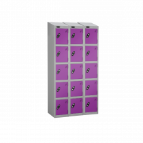 Nest of 3 Metal Storage Lockers | 5 Doors | 1780 x 305 x 380mm | Silver Carcass | Lilac Door | Cam Lock | Sloping Top | Probe