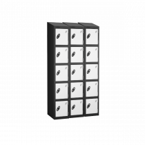 Nest of 3 Metal Storage Lockers | 5 Doors | 1780 x 305 x 460mm | Black Carcass | White Door | Cam Lock | Sloping Top | Probe