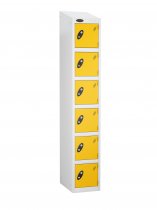 Single Metal Storage Locker | 6 Doors | 1780 x 305 x 305mm | White Carcass | Yellow Door | Cam Lock | Sloping Top | Probe