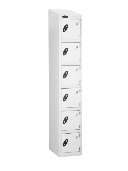 Single Metal Storage Locker | 6 Doors | 1780 x 305 x 305mm | White Carcass | White Door | Cam Lock | Sloping Top | Probe