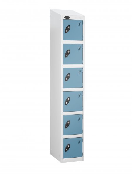 Single Metal Storage Locker | 6 Doors | 1780 x 305 x 305mm | White Carcass | Ocean Door | Cam Lock | Sloping Top | Probe