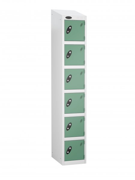 Single Metal Storage Locker | 6 Doors | 1780 x 305 x 305mm | White Carcass | Jade Door | Cam Lock | Sloping Top | Probe