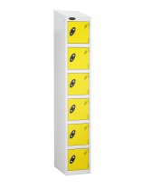 Single Metal Storage Locker | 6 Doors | 1780 x 305 x 305mm | White Carcass | Lemon Door | Cam Lock | Sloping Top | Probe