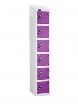 Single Metal Storage Locker | 6 Doors | 1780 x 305 x 305mm | White Carcass | Lilac Door | Cam Lock | Sloping Top | Probe