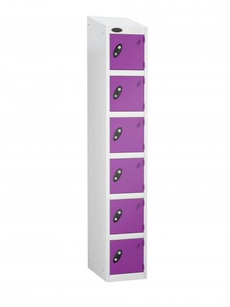 Single Metal Storage Locker | 6 Doors | 1780 x 305 x 305mm | White Carcass | Lilac Door | Cam Lock | Sloping Top | Probe