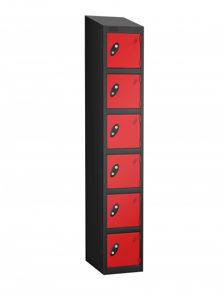 Single Metal Storage Locker | 6 Doors | 1780 x 305 x 305mm | Black Carcass | Red Door | Cam Lock | Sloping Top | Probe