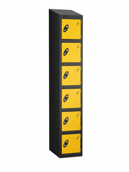 Single Metal Storage Locker | 6 Doors | 1780 x 305 x 305mm | Black Carcass | Yellow Door | Cam Lock | Sloping Top | Probe