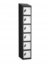 Single Metal Storage Locker | 6 Doors | 1780 x 305 x 305mm | Black Carcass | White Door | Cam Lock | Sloping Top | Probe