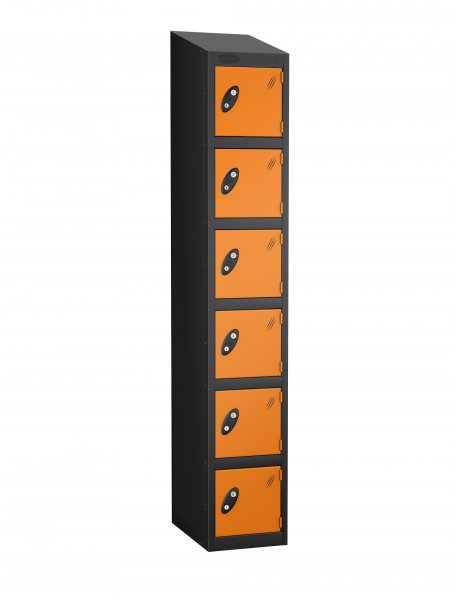 Single Metal Storage Locker | 6 Doors | 1780 x 305 x 305mm | Black Carcass | Orange Door | Cam Lock | Sloping Top | Probe