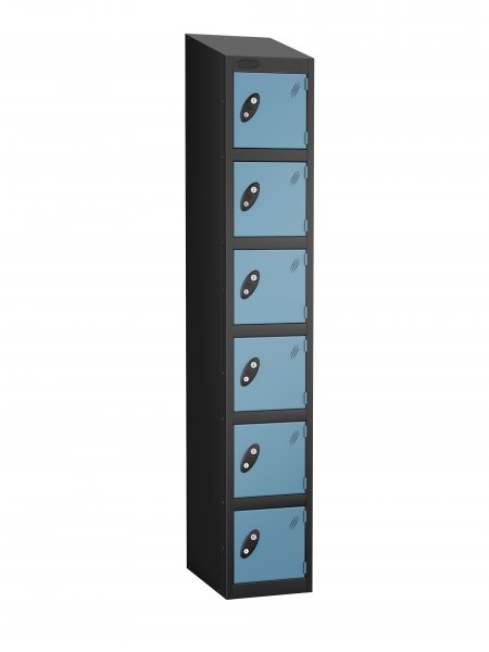 Single Metal Storage Locker | 6 Doors | 1780 x 305 x 305mm | Black Carcass | Ocean Door | Cam Lock | Sloping Top | Probe