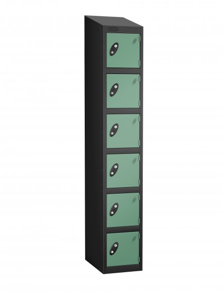 Single Metal Storage Locker | 6 Doors | 1780 x 305 x 305mm | Black Carcass | Jade Door | Cam Lock | Sloping Top | Probe