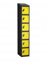 Single Metal Storage Locker | 6 Doors | 1780 x 305 x 305mm | Black Carcass | Lemon Door | Cam Lock | Sloping Top | Probe