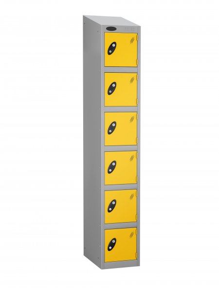 Single Metal Storage Locker | 6 Doors | 1780 x 305 x 305mm | Silver Carcass | Yellow Door | Cam Lock | Sloping Top | Probe