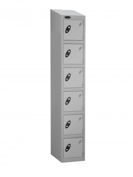 Single Metal Storage Locker | 6 Doors | 1780 x 305 x 305mm | Silver Carcass | Silver Door | Cam Lock | Sloping Top | Probe