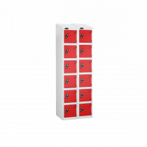 Nest of 2 Metal Storage Lockers | 6 Doors | 1780 x 305 x 305mm | White Carcass | Red Door | Cam Lock | Sloping Top | Probe