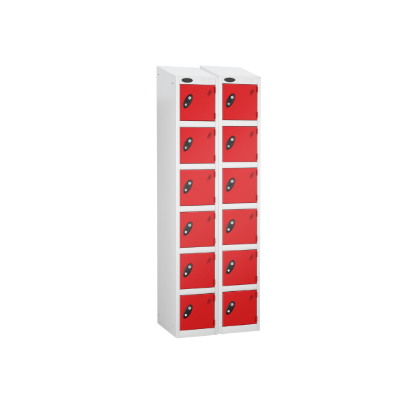 Nest of 2 Metal Storage Lockers | 6 Doors | 1780 x 305 x 305mm | White Carcass | Red Door | Cam Lock | Sloping Top | Probe