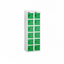 Nest of 2 Metal Storage Lockers | 6 Doors | 1780 x 305 x 305mm | White Carcass | Green Door | Cam Lock | Sloping Top | Probe